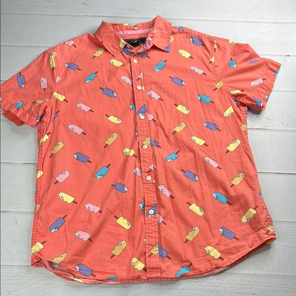 21 Men Casual Button Down Short Sleeve Shirt Vibrant Popsicle Design Size Large